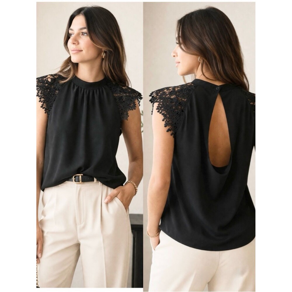 Romantic Black Lace Sheer Top Whimsigoth Goth Cut Out Back Blouse Medium